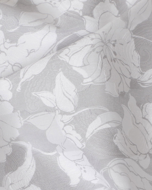 Uragiri Cotton Voile Fabric with Jacquard, 110 cm Width, White and Grey Floral Design-D19964