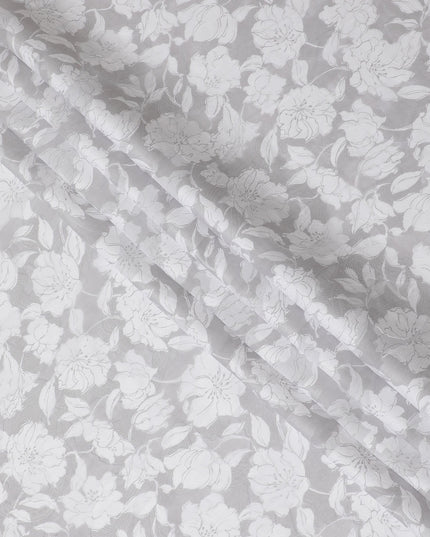 Uragiri Cotton Voile Fabric with Jacquard, 110 cm Width, White and Grey Floral Design-D19964