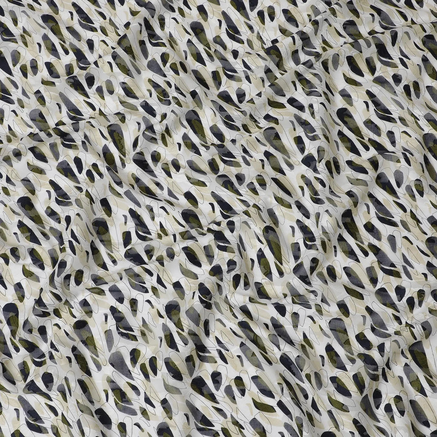 Uragiri Cotton Voile Fabric with Jacquard, 110 cm Width, White and Olive Abstract Design-D19965 Regal Fabrics