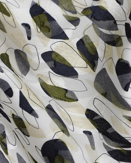 Uragiri Cotton Voile Fabric with Jacquard, 110 cm Width, White and Olive Abstract Design-D19965