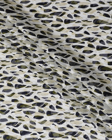 Uragiri Cotton Voile Fabric with Jacquard, 110 cm Width, White and Olive Abstract Design-D19965