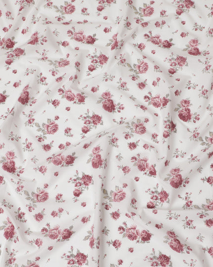 Cotton Lawn Fabric, 110 cm Width, White with Pink Rose Design-D19967