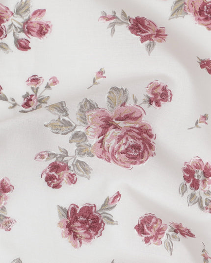 Cotton Lawn Fabric, 110 cm Width, White with Pink Rose Design-D19967