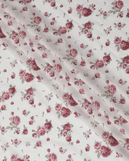 Cotton Lawn Fabric, 110 cm Width, White with Pink Rose Design-D19967