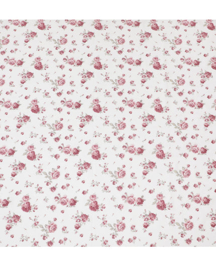 Cotton Lawn Fabric, 110 cm Width, White with Pink Rose Design-D19967