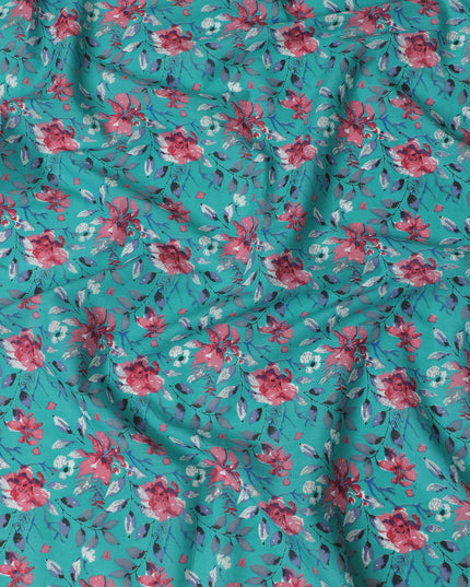 Cotton Lawn Fabric, 110 cm Width, Turquoise with Pink and Blue Floral Design-D19969