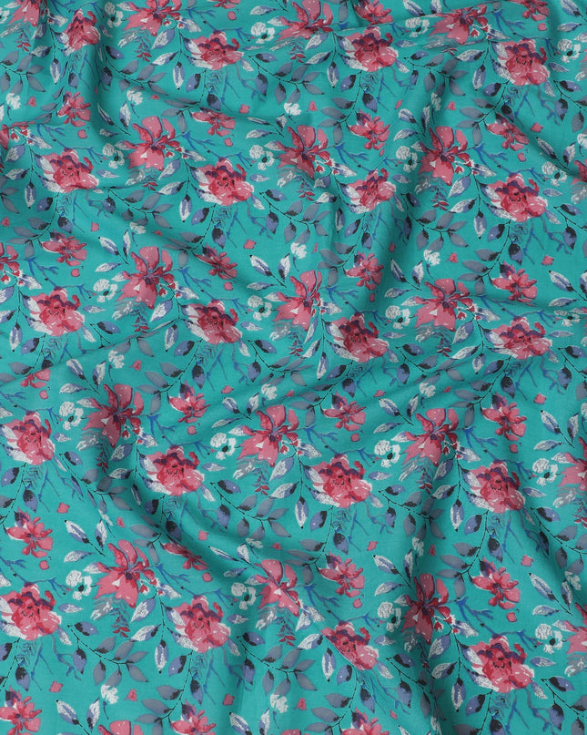 Cotton Lawn Fabric, 110 cm Width, Turquoise with Pink and Blue Floral Design-D19969