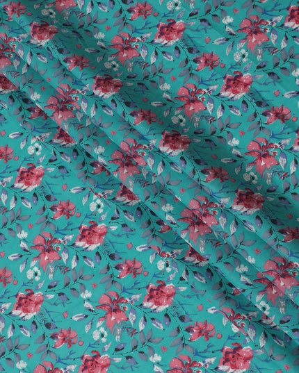 Cotton Lawn Fabric, 110 cm Width, Turquoise with Pink and Blue Floral Design-D19969