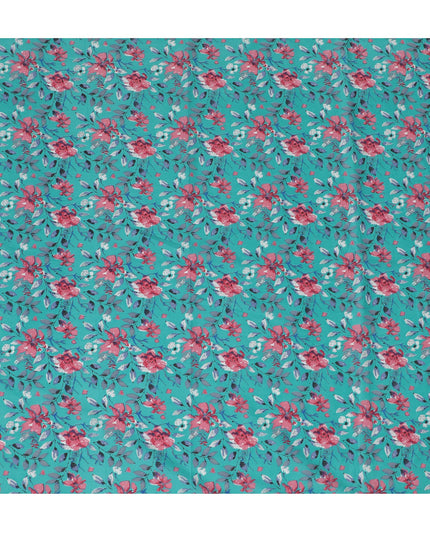 Cotton Lawn Fabric, 110 cm Width, Turquoise with Pink and Blue Floral Design-D19969