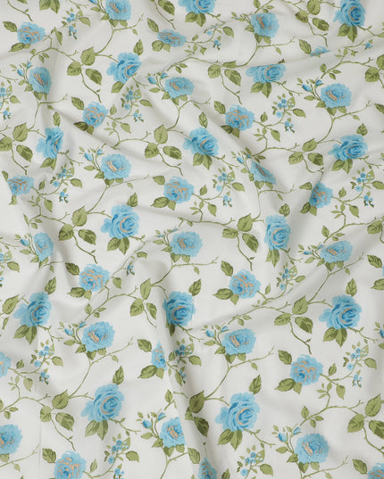 Delicate White and Blue Floral Print Cotton Lawn Fabric - 110 cm Width-D19971