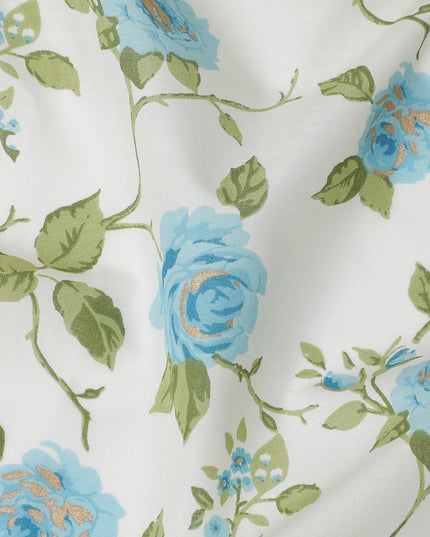 Delicate White and Blue Floral Print Cotton Lawn Fabric - 110 cm Width-D19971