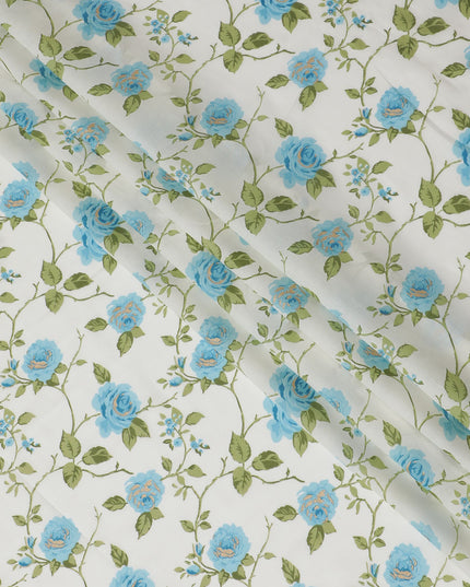 Delicate White and Blue Floral Print Cotton Lawn Fabric - 110 cm Width-D19971