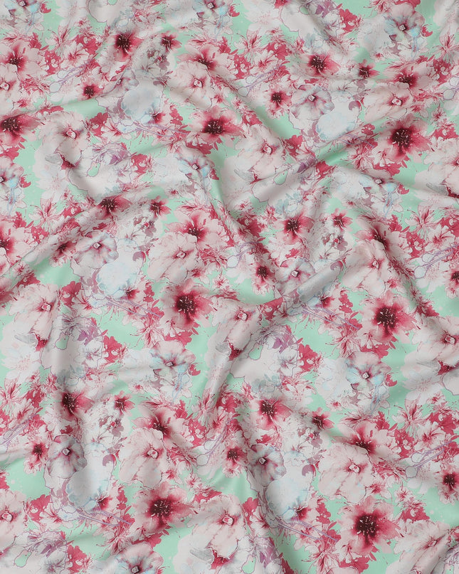 Mint Green with Pink Floral Cotton Satin Fabric, 110 cm Width-20059