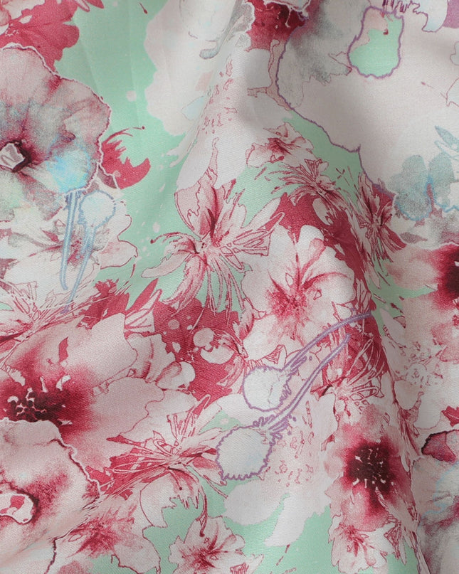 Mint Green with Pink Floral Cotton Satin Fabric, 110 cm Width-20059