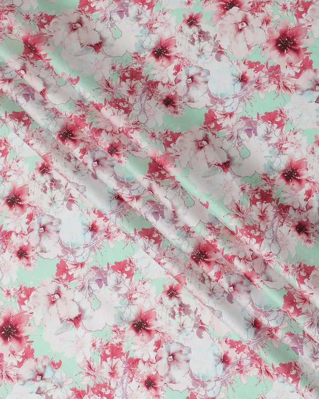 Mint Green with Pink Floral Cotton Satin Fabric, 110 cm Width-20059