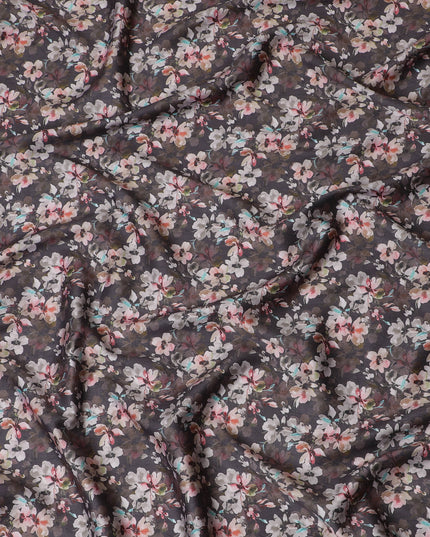 Dark Charcoal with Soft Floral Cotton Satin Fabric, 110 cm Width-20060