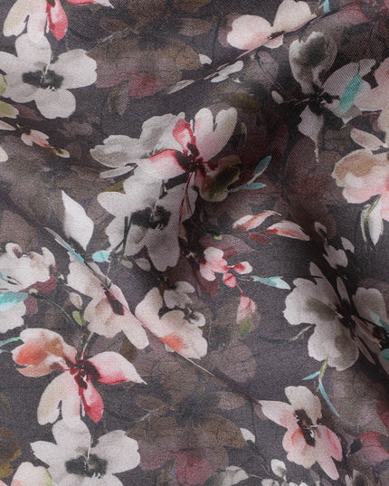 Dark Charcoal with Soft Floral Cotton Satin Fabric, 110 cm Width-20060