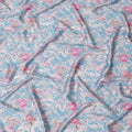 Sky Blue with Pink Floral Cotton Satin Fabric, 110 cm Width-20061 Regal Fabrics