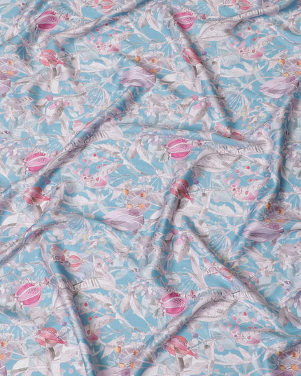 Sky Blue with Pink Floral Cotton Satin Fabric, 110 cm Width-20061 Regal Fabrics