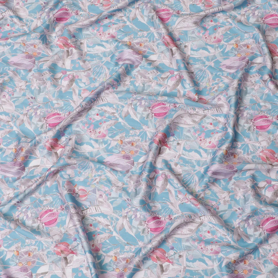 Sky Blue with Pink Floral Cotton Satin Fabric, 110 cm Width-20061 Regal Fabrics