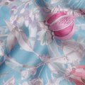 Sky Blue with Pink Floral Cotton Satin Fabric, 110 cm Width-20061 Regal Fabrics