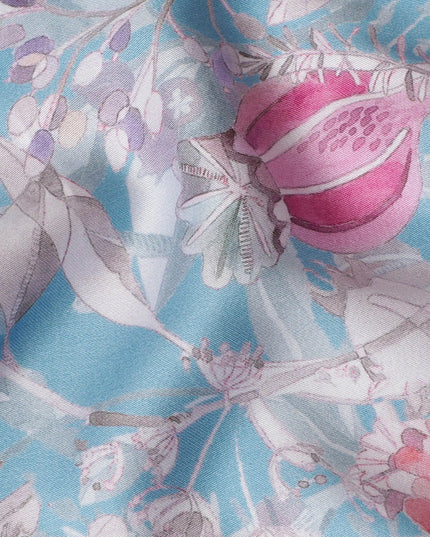 Sky Blue with Pink Floral Cotton Satin Fabric, 110 cm Width-20061 Regal Fabrics