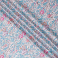 Sky Blue with Pink Floral Cotton Satin Fabric, 110 cm Width-20061 Regal Fabrics