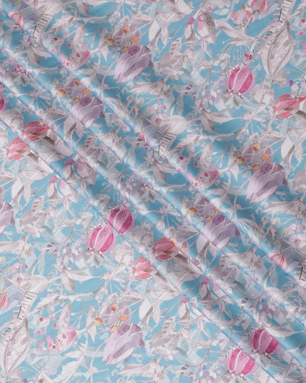 Sky Blue with Pink Floral Cotton Satin Fabric, 110 cm Width-20061 Regal Fabrics