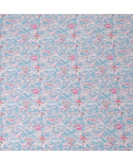 Sky Blue with Pink Floral Cotton Satin Fabric, 110 cm Width-20061 Regal Fabrics