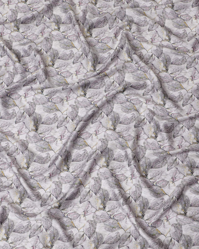 Silver Grey with Purple Leaf Print Cotton Satin Fabric, 110 cm Width-20063