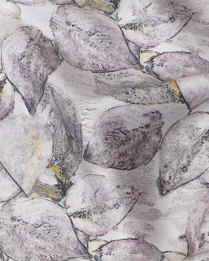 Silver Grey with Purple Leaf Print Cotton Satin Fabric, 110 cm Width-20063