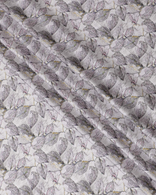 Silver Grey with Purple Leaf Print Cotton Satin Fabric, 110 cm Width-20063