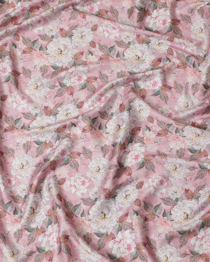 Soft Pink with White Floral Cotton Satin Fabric, 110 cm Width-20065