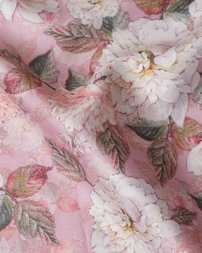 Soft Pink with White Floral Cotton Satin Fabric, 110 cm Width-20065