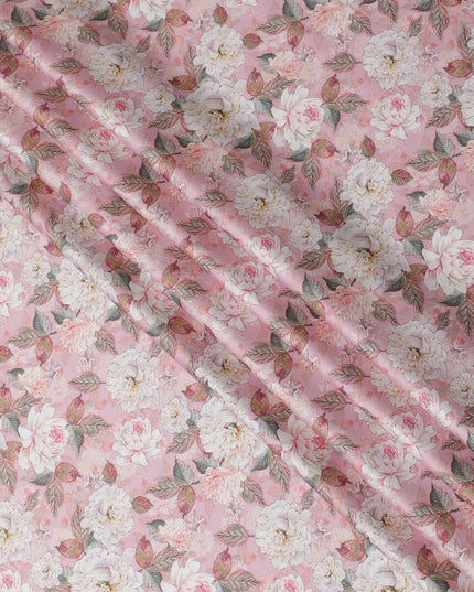 Soft Pink with White Floral Cotton Satin Fabric, 110 cm Width-20065