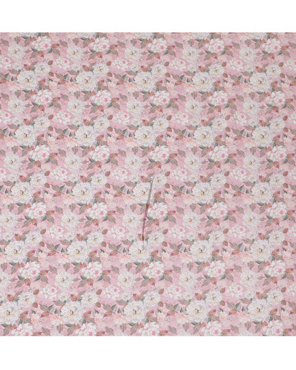 Soft Pink with White Floral Cotton Satin Fabric, 110 cm Width-20065