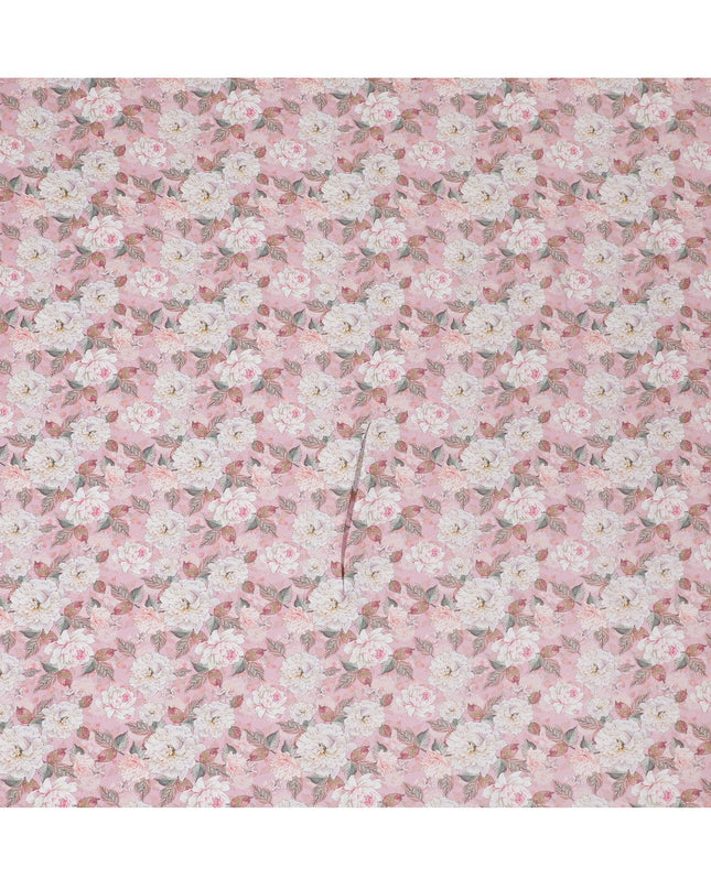 Soft Pink with White Floral Cotton Satin Fabric, 110 cm Width-20065