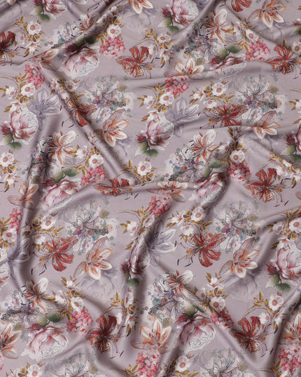 Elegant Lavender with Vibrant Floral Cotton Satin Fabric, 110 cm Width-20069