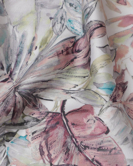 Ethereal White with Abstract Floral Cotton Satin Fabric, 110 cm Width-20071