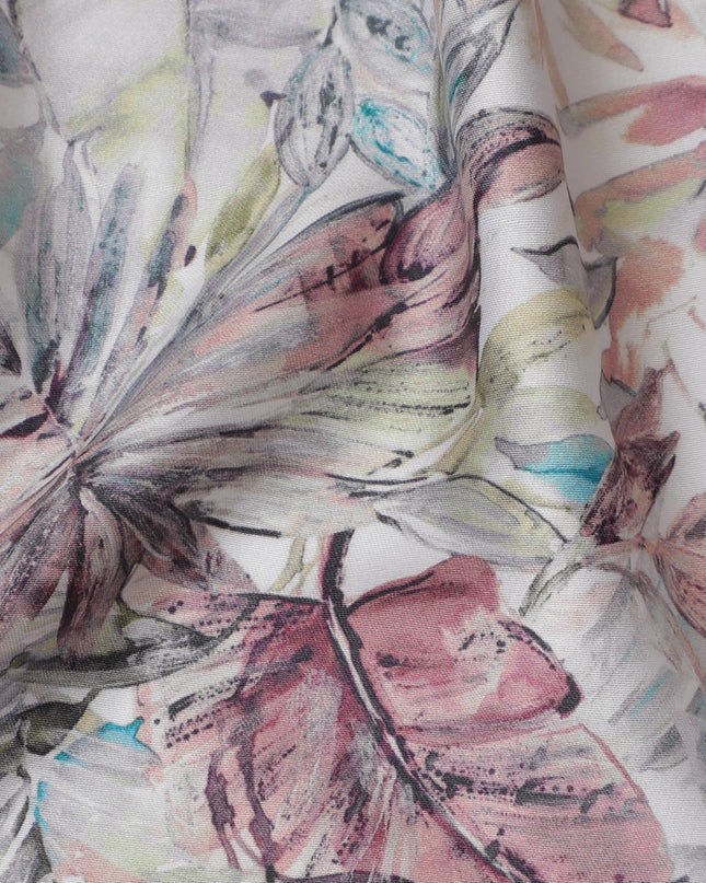 Ethereal White with Abstract Floral Cotton Satin Fabric, 110 cm Width-20071