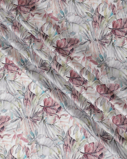 Ethereal White with Abstract Floral Cotton Satin Fabric, 110 cm Width-20071