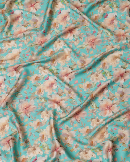 Vibrant Turquoise with Soft Floral Cotton Satin Fabric, 110 cm Width-20074