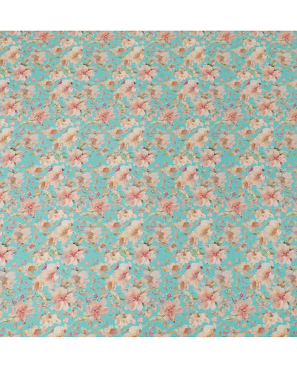 Vibrant Turquoise with Soft Floral Cotton Satin Fabric, 110 cm Width-20074