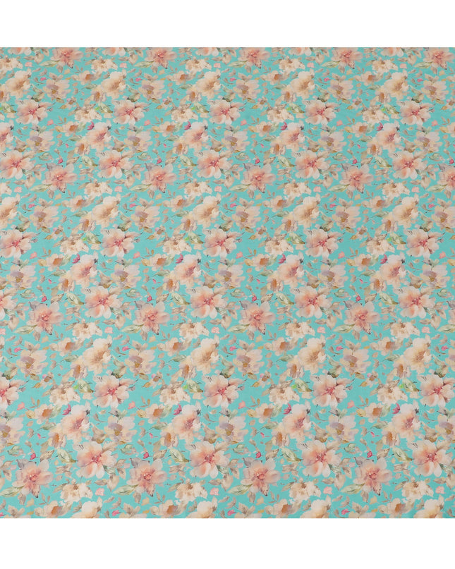 Vibrant Turquoise with Soft Floral Cotton Satin Fabric, 110 cm Width-20074