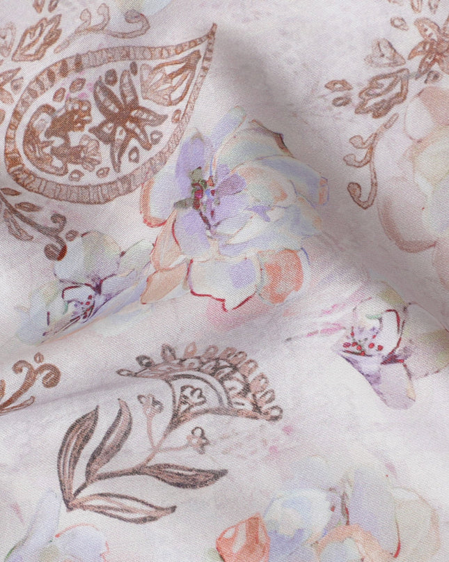 Classic Cream with Pastel Paisley Cotton Satin Fabric, 110 cm Width-20075