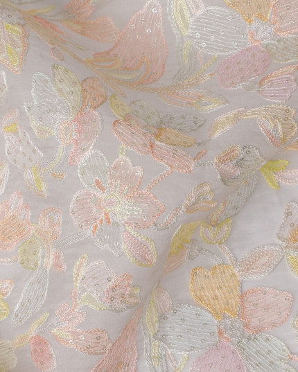 Embroidered Silk Organza Fabric, Pastel Floral Pattern, 110 cm Width-D20103