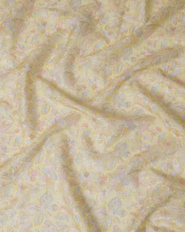 Golden Yellow Embroidered Silk Organza Fabric, Floral Design, 110 cm Width-D20104