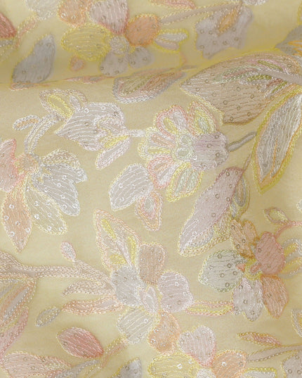 Golden Yellow Embroidered Silk Organza Fabric, Floral Design, 110 cm Width-D20104