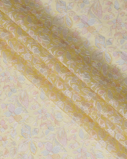 Golden Yellow Embroidered Silk Organza Fabric, Floral Design, 110 cm Width-D20104