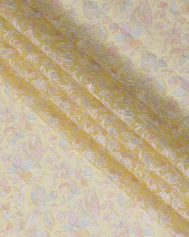 Golden Yellow Embroidered Silk Organza Fabric, Floral Design, 110 cm Width-D20104